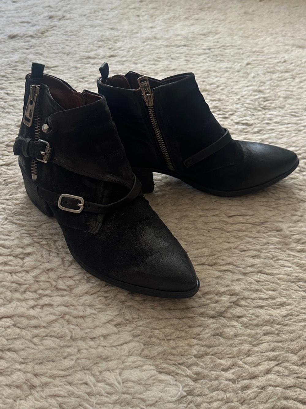 A.S.98 Black Pointed Toe Ankle Booties with Buckle & Side Zip